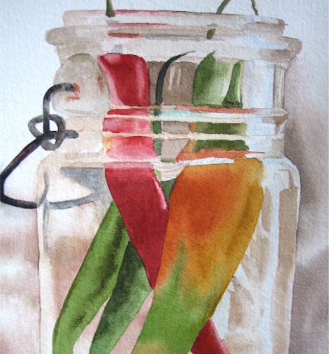 Watercolor Painting of Glass Jar of Pickled Peppers
