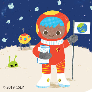 Child planting flag on the moon