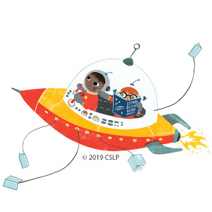 Illustration of 2 children reading in a spaceship