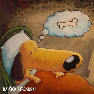 illustration of dog dreaming of a bone
