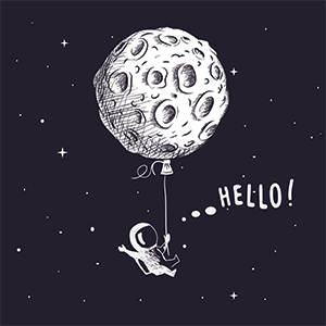 astronaut floating from moon balloon illustration