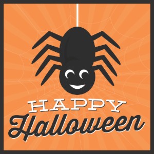 illustrated spider with Happy Halloween written below