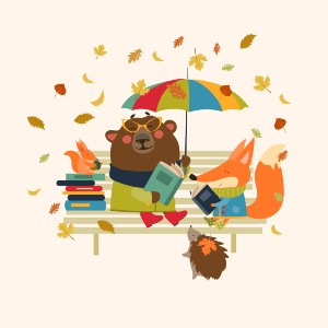Illustration of cute bear and fox reading on a bench in fall