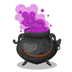 illustrated black cauldron with purple bubbles and steam