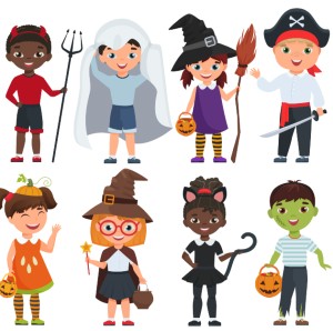 8 kids in costume illustration