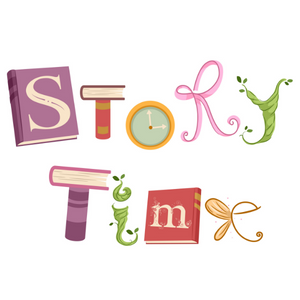 Storytime spelled out in whimsical book-themed letters