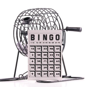 Bingo cage with a bingo card in front