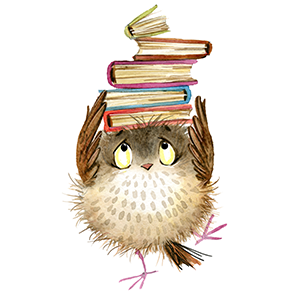 watercolor illustration of a cute owl balancing a stack of books