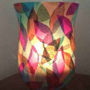 candle holder with colorful tissue paper decoupage
