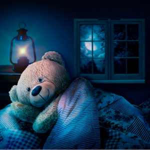 teddy bear in bed in the dark