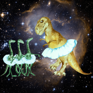 Illustrations of tutu-wearing dinosaurs in front of a space background