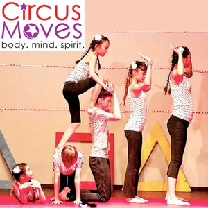 circus moves logo and 5 children standing in a row while one child climbs over them all