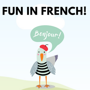 Fun in French with a cartoon bird saying "bonjour"