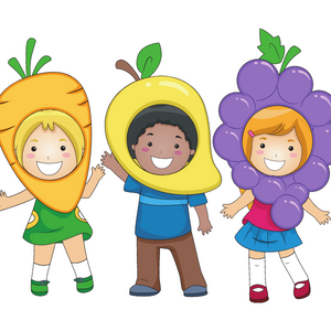 Illustrated children dressed as fruit. It's a little weird.