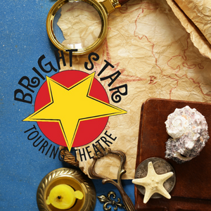 Bright star touring theater logo on top of weathered pirate map, sea shells and magnifying glass