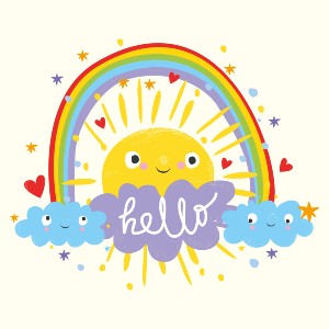 Rainbow over a sun that says "hello" and it is illustrated--not a photo cause that would be unbelievable