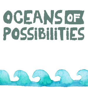 Oceans of Possibilities logo words with watercolor blue ocean waves