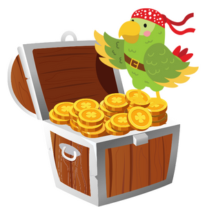 Pirate parrot on a treasure chest filled with gold