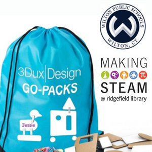 Blue steam kit bag with Wilton High School logo and the Library's MAKING STEAM logo below it
