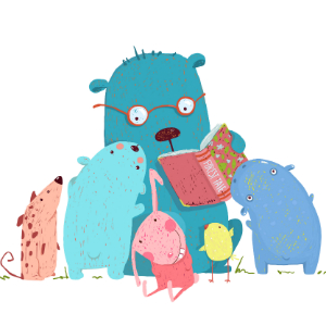 Cartoon animals reading a book