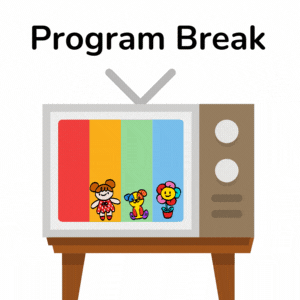 Illustrated tv with static bars and children's toy cartoons in front with the words "program break"