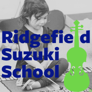 Photograph of child with rhythm sticks and Ridgefield Suzuki logo