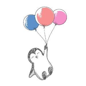 illustrated penguin being carried away by 3 balloons