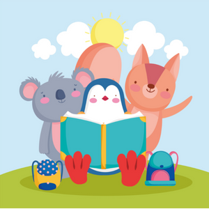 Illustrated koala, penguin and fox reading a book