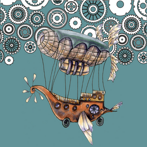 airship with gears in the background illustration