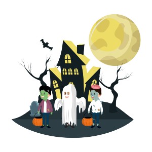 Illustration of haunted house with moon and trick or treaters