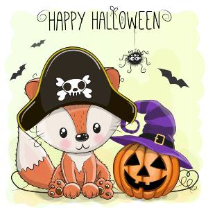 Illustrated fox in pirate hat and jack o' lantern