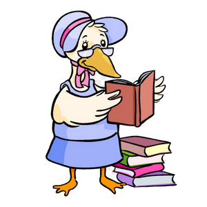 Illustration of Mother Goose reading a book