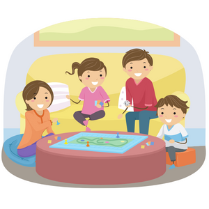 Illustration of mom, dad, and two kids playing board game in living room