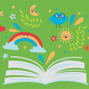 Illustration of open book with birds, sun and rainbow