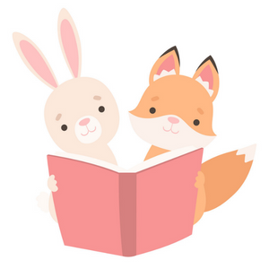 Illustrated bunny and fox reading pink book