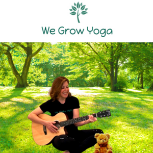 We Grow Yoga logo with photo of Jennifer Barrett playing guitar
