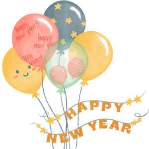 Illustrated balloons with happy New Year banner