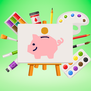 Drawing of a piggy bank surrounded by art supplies on green background