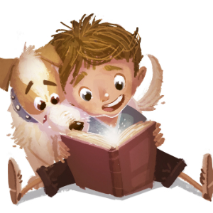 illustraion of young white boy reading to a jack russell terrier