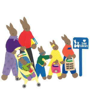 TYCTTLD logo with rabbit family walking to library