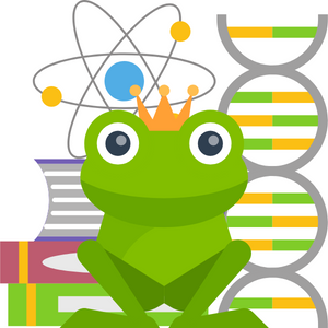 Frog with crown in front of books and lab equipment