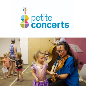photo of ChiChi Bestmann playing violin and Petite Concerts logo