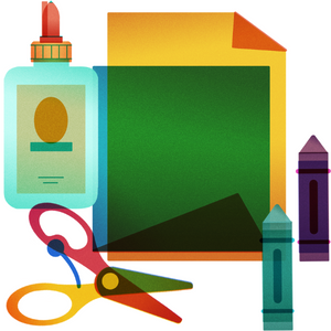 illustration of glue, scissors, paper and crayons