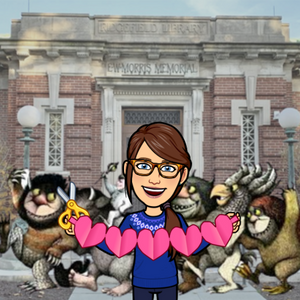 Ms. Kathleen bitmoji in front of wild things parading in front of the LIbrary