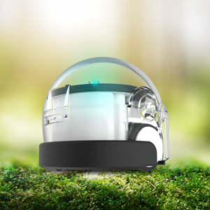 Photograph of ozobot in front of  forest background