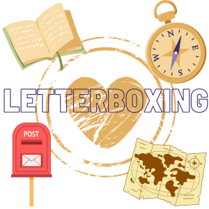 Notebook, compass, map, and mailbox with text "Letterboxing"