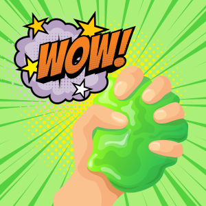 WOW! text with hand holding green slime