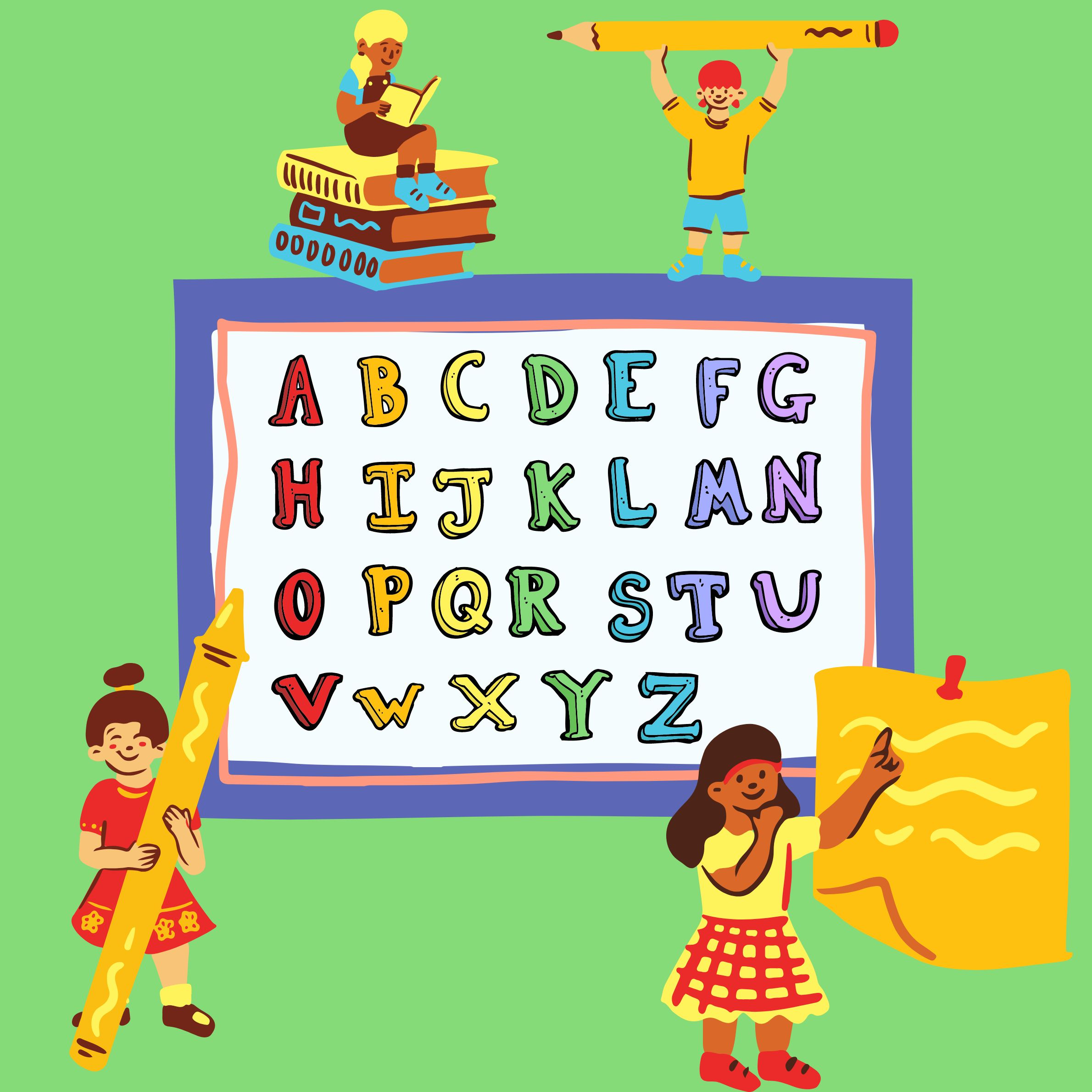 Illustration of alphabet with children holding pencils