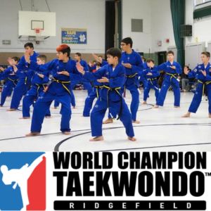 Ridgefield Taekwondo logo with photograph of students in blue uniforms