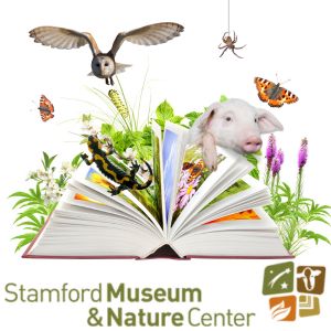 Stamford Nature Center logo with open book and owl, pig, salamander